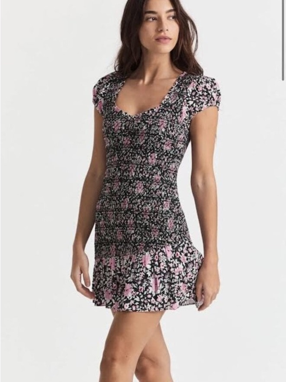 LoveShackFancy Black and Pink Smocked Floral Mini Dress